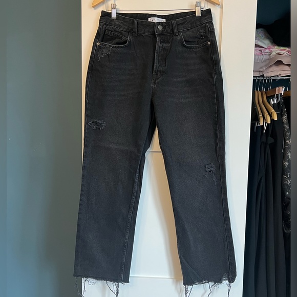 Zara Collection grey high waist button fly straight leg distressed jeans Size 8 - Picture 1 of 5